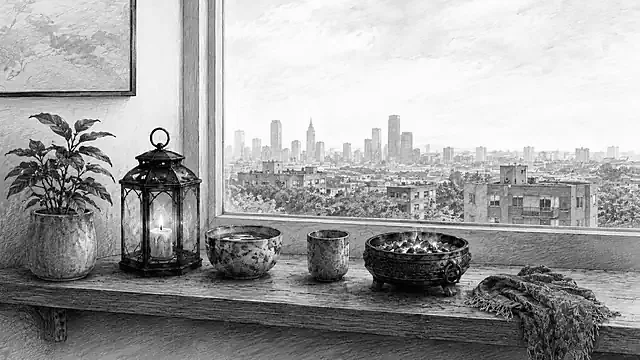 Small apartment hearth practice on a windowsill overlooking a city.