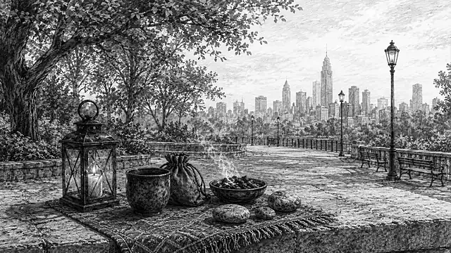 A quiet ritual cloth, lantern, cup, and stones in an urban park.