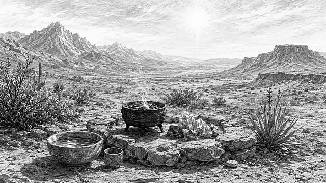 A desert hearth arrangement with water, stones, and low fire under bright open sky.