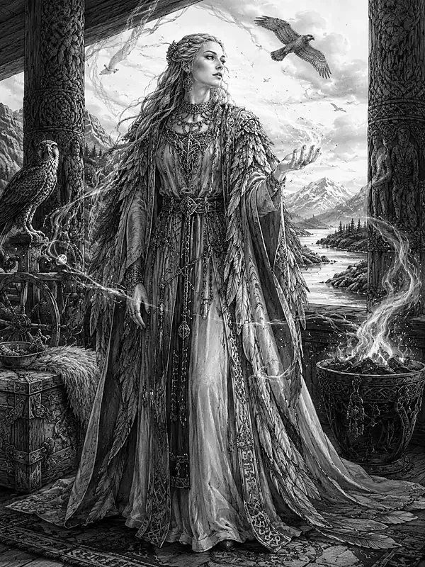 Modern grayscale devotional interpretation of Freyja with falcon imagery in a carved hall.