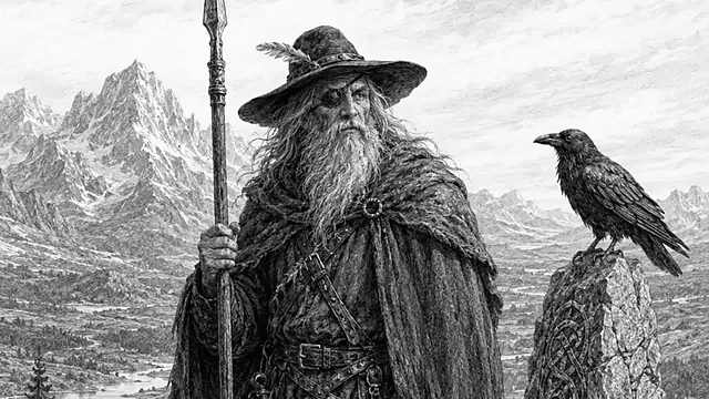 A cloaked wanderer with hat, staff, and raven beside a carved standing stone — an image of readiness and dignity.