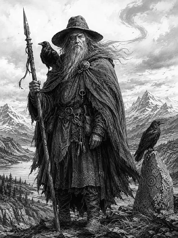 Modern grayscale devotional interpretation of Odin as a one-eyed wanderer with spear, cloak, and ravens.