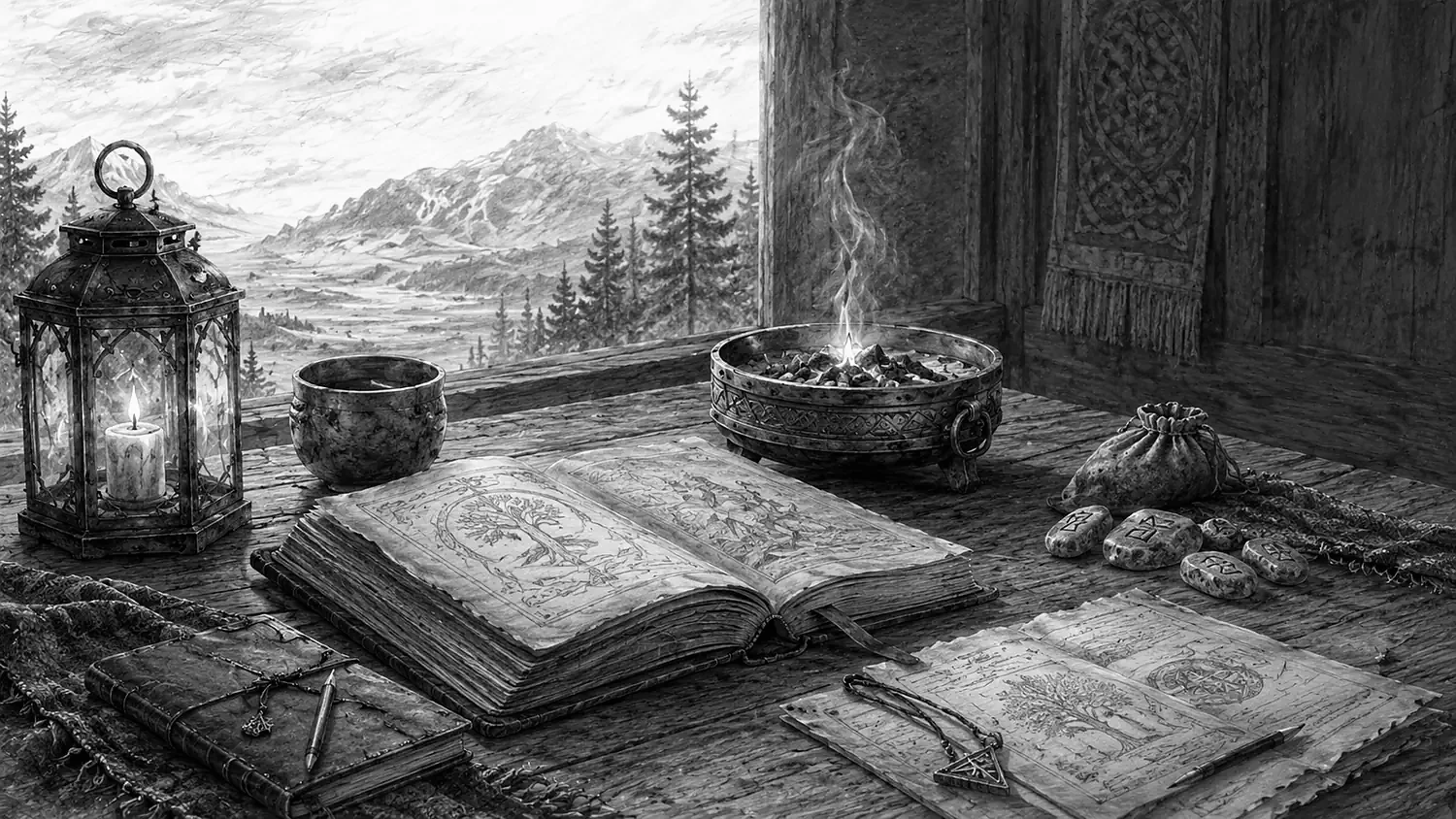 An open study table with old books, drawings, stones, and a small hearth beside a mountain window.
