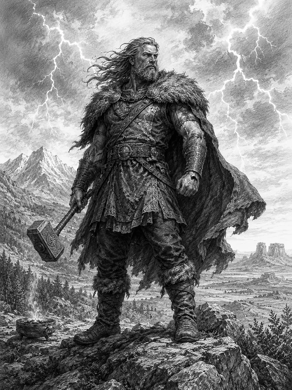 Modern grayscale devotional interpretation of Thor with hammer beneath storm clouds and lightning.