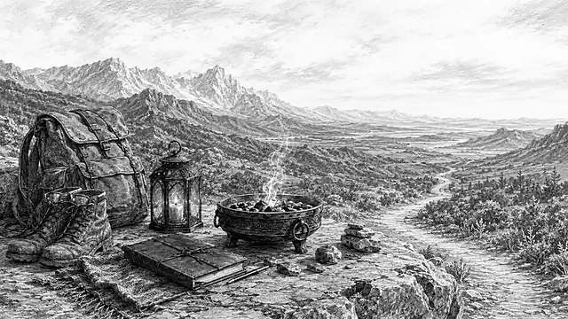 A travel pack, lantern, notebook, and small hearth set beside mountain trail.